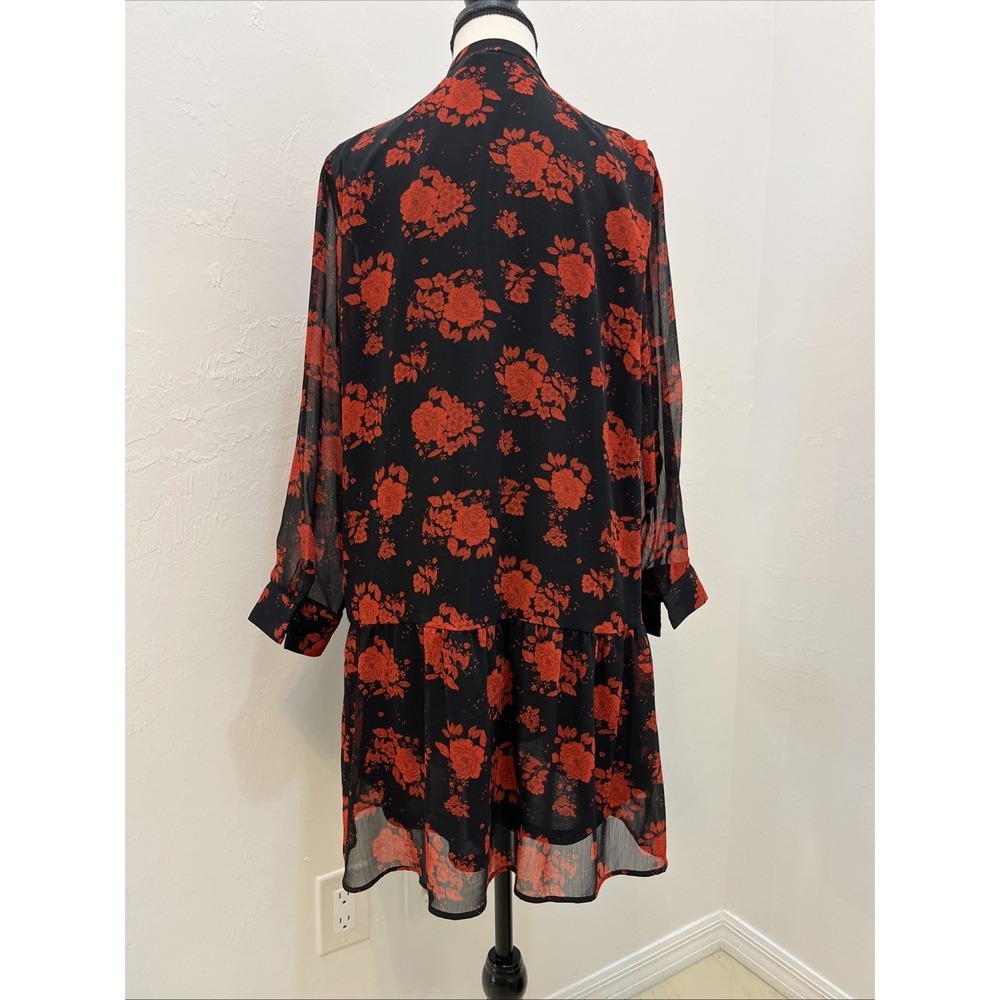 Zara Floral Mini Dress Womens L Black Red Rose Ruffle V-Neck Long Sleeve Good - Picture 9 of 11